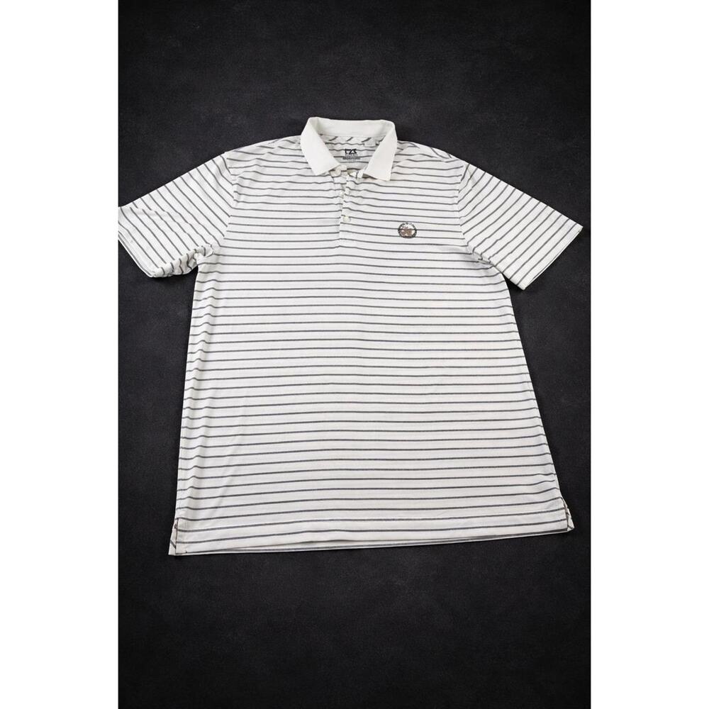 Cutter & Buck Mens CB DryTec Striped Polo Shirt White Navy Blue RRC Crest Size L